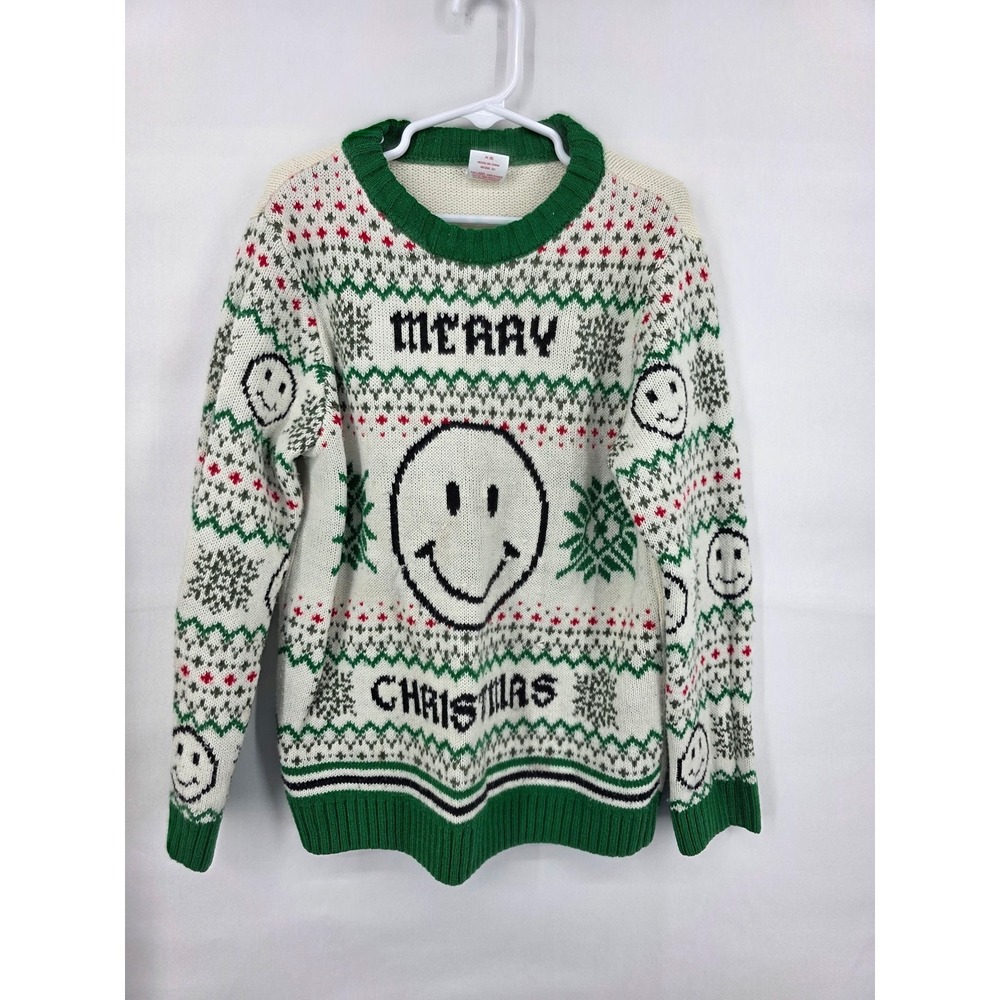 Holiday Time Kids Merry Christmas Smiley Face Sweater Green White Size M 8